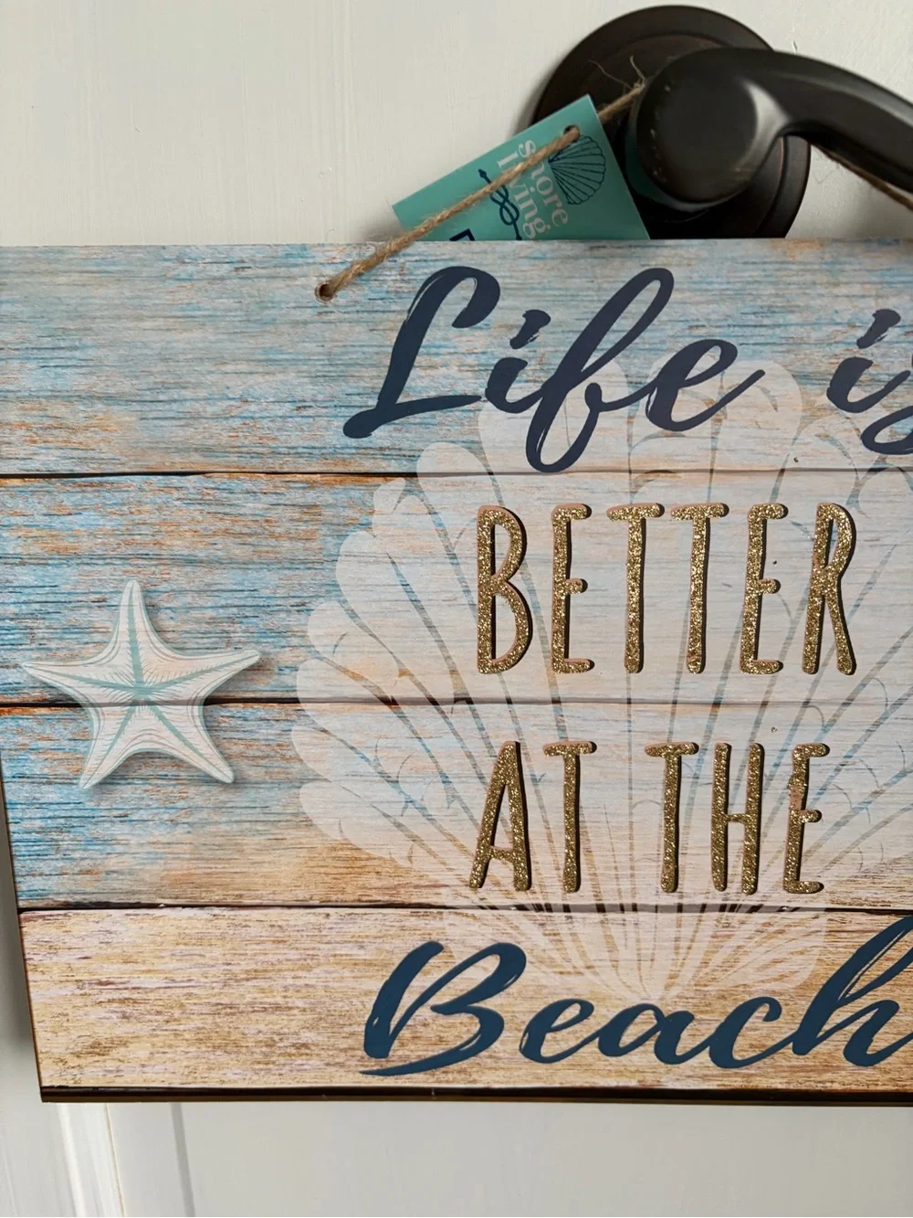 NWT Life is Better at the Beach Coastal Wall Sign 13.25x9 inches Blue White Gold